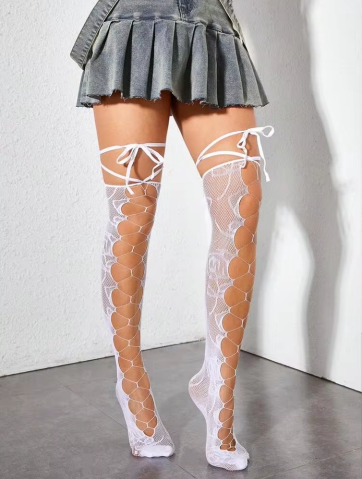 Women’s Black Lace-Up Over-the-Knee Fishnet Stockings – Crisscross Sheer Thigh-High Hosiery